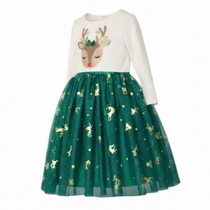 ✨ Holiday Sequins & Tulle Reindeer Dress - Ivory & Green - size 8